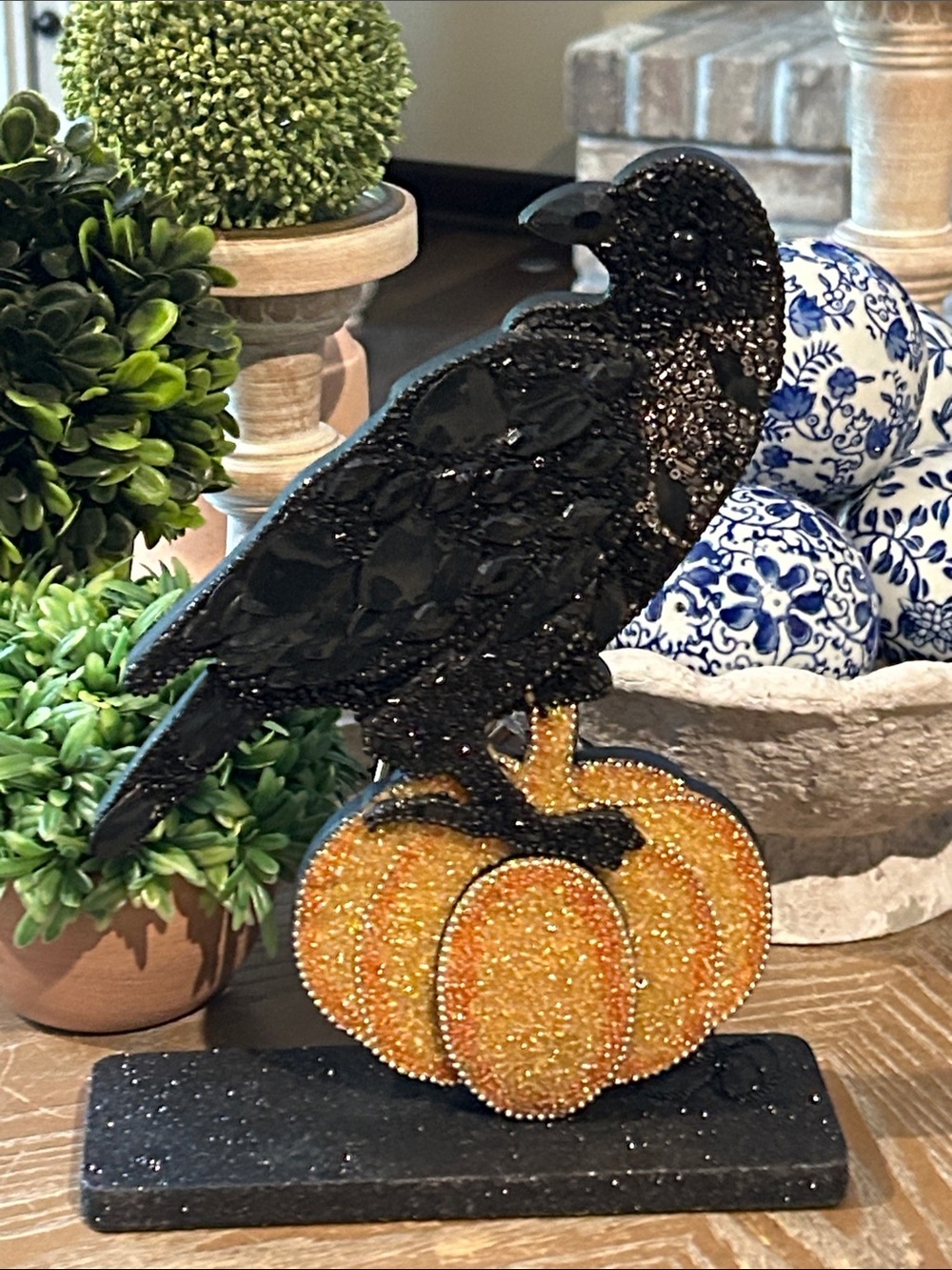 NEW! Vintage Inspired Beaded Black Raven Crow on Orange Fall Harvest Pumpkin